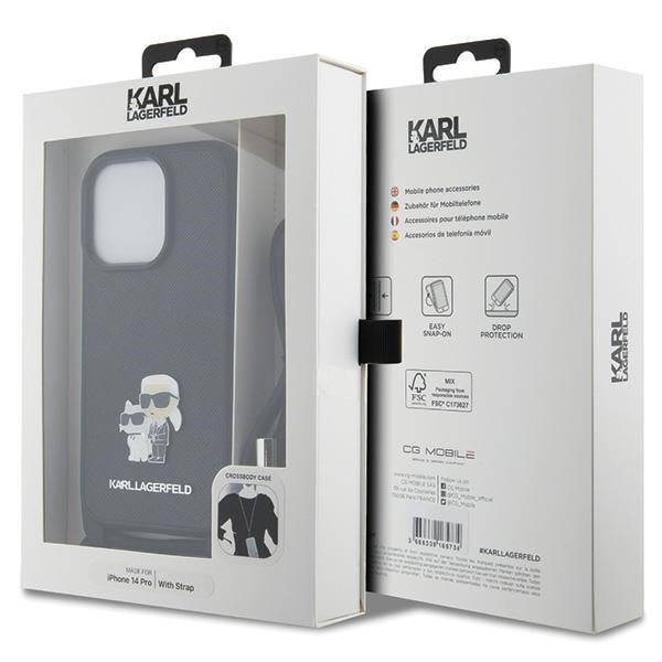 Hülle für Apple iPhone 14 Pro, Karl Lagerfeld, Saffiano Crossbody Metal Pin Karl & Choupette, Schwarz