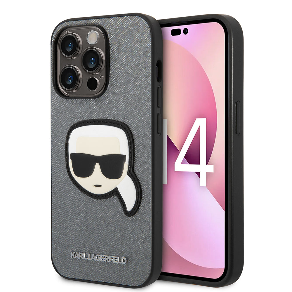 Case for Apple iPhone 14 Pro, Karl Lagerfeld, Saffiano Karl's Head, Silver