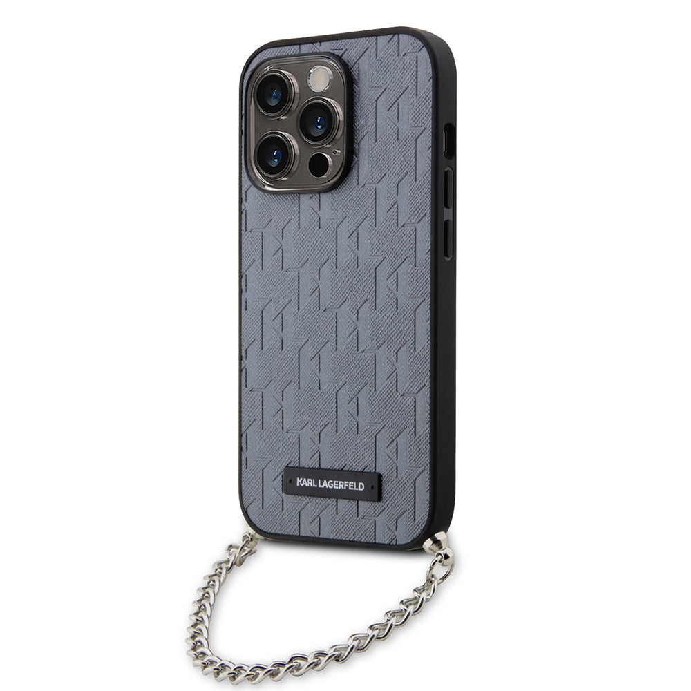 Hülle für Apple iPhone 14 Pro, Karl Lagerfeld, Saffiano Monogram Chain, Silbern
