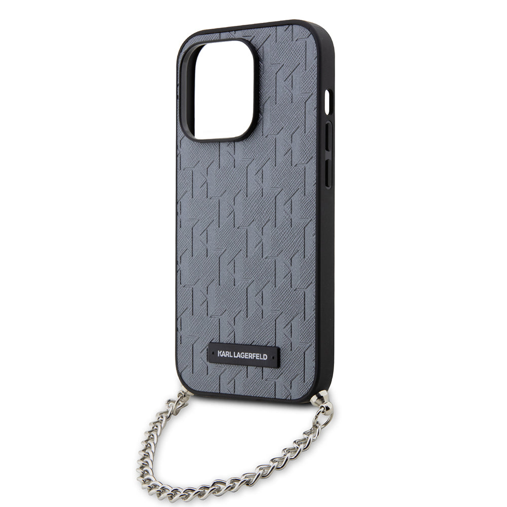 Hülle für Apple iPhone 14 Pro, Karl Lagerfeld, Saffiano Monogram Chain, Silbern