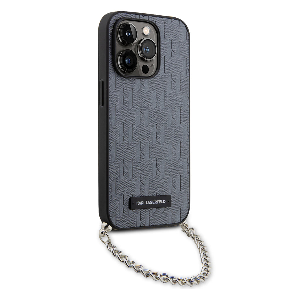 Hülle für Apple iPhone 14 Pro, Karl Lagerfeld, Saffiano Monogram Chain, Silbern