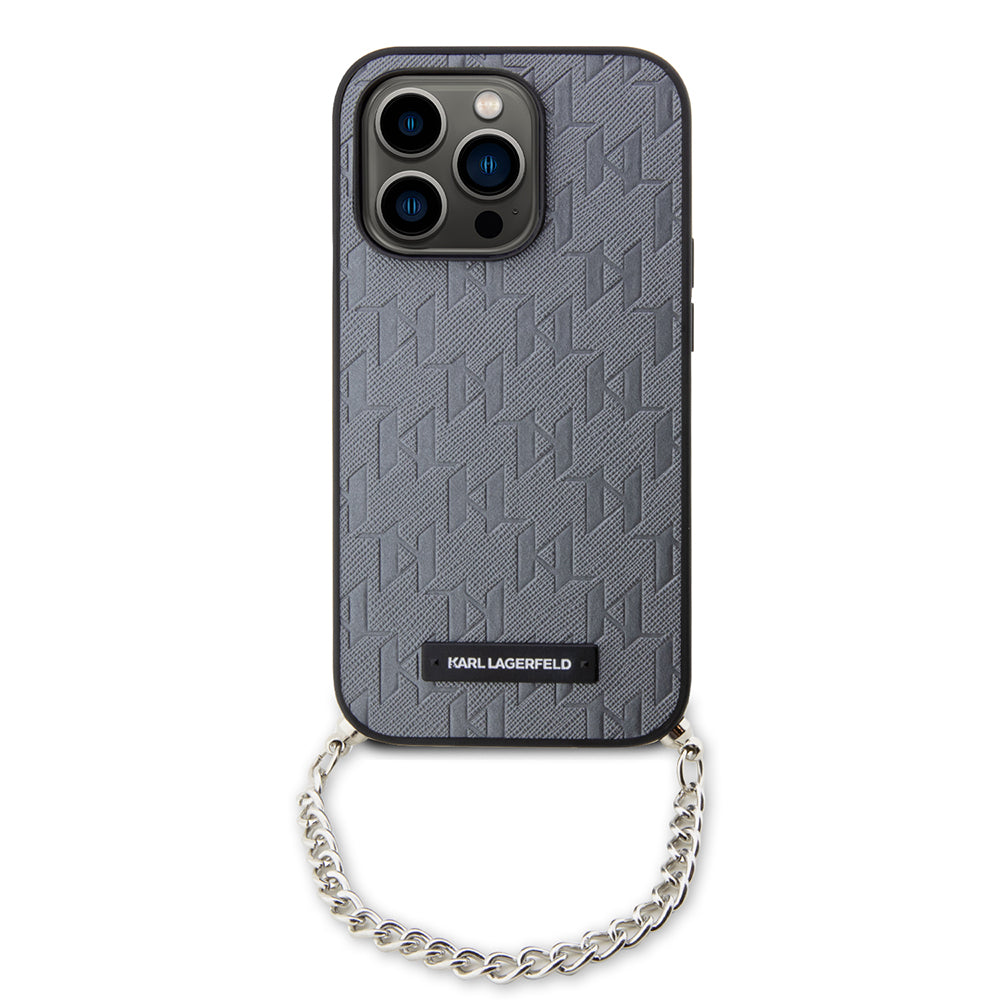 Hülle für Apple iPhone 14 Pro, Karl Lagerfeld, Saffiano Monogram Chain, Silbern