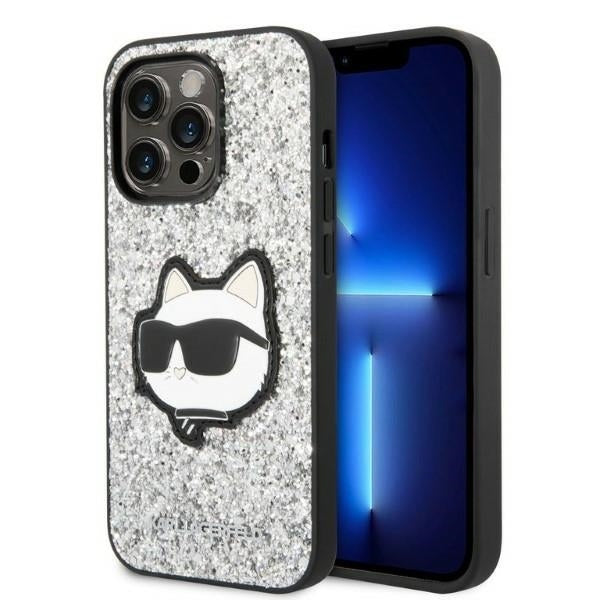 Hülle für Apple iPhone 14 Pro Max, Karl Lagerfeld, Glitter Choupette Patch, Silbern
