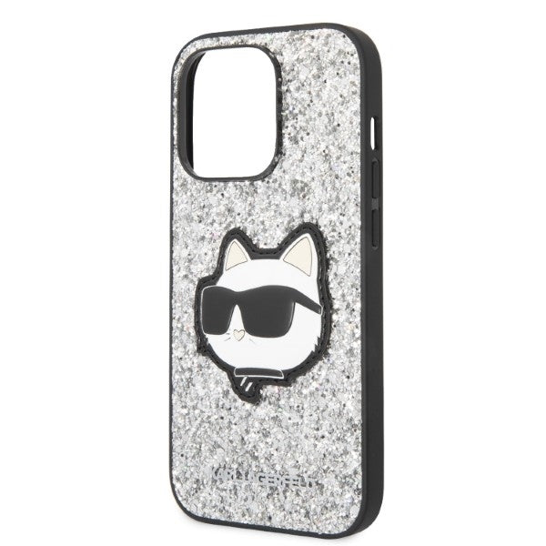 Hülle für Apple iPhone 14 Pro Max, Karl Lagerfeld, Glitter Choupette Patch, Silbern