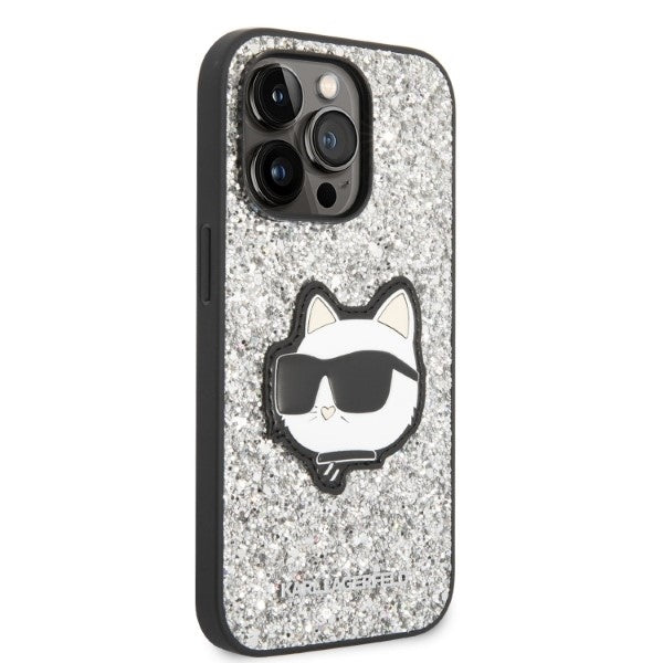 Hülle für Apple iPhone 14 Pro Max, Karl Lagerfeld, Glitter Choupette Patch, Silbern