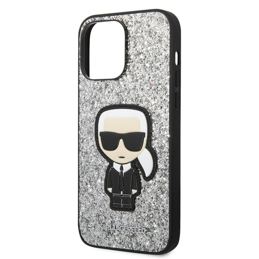 Hülle für Apple iPhone 14 Pro Max, Karl Lagerfeld, Glitter Flakes Ikonik Karl, Silbern