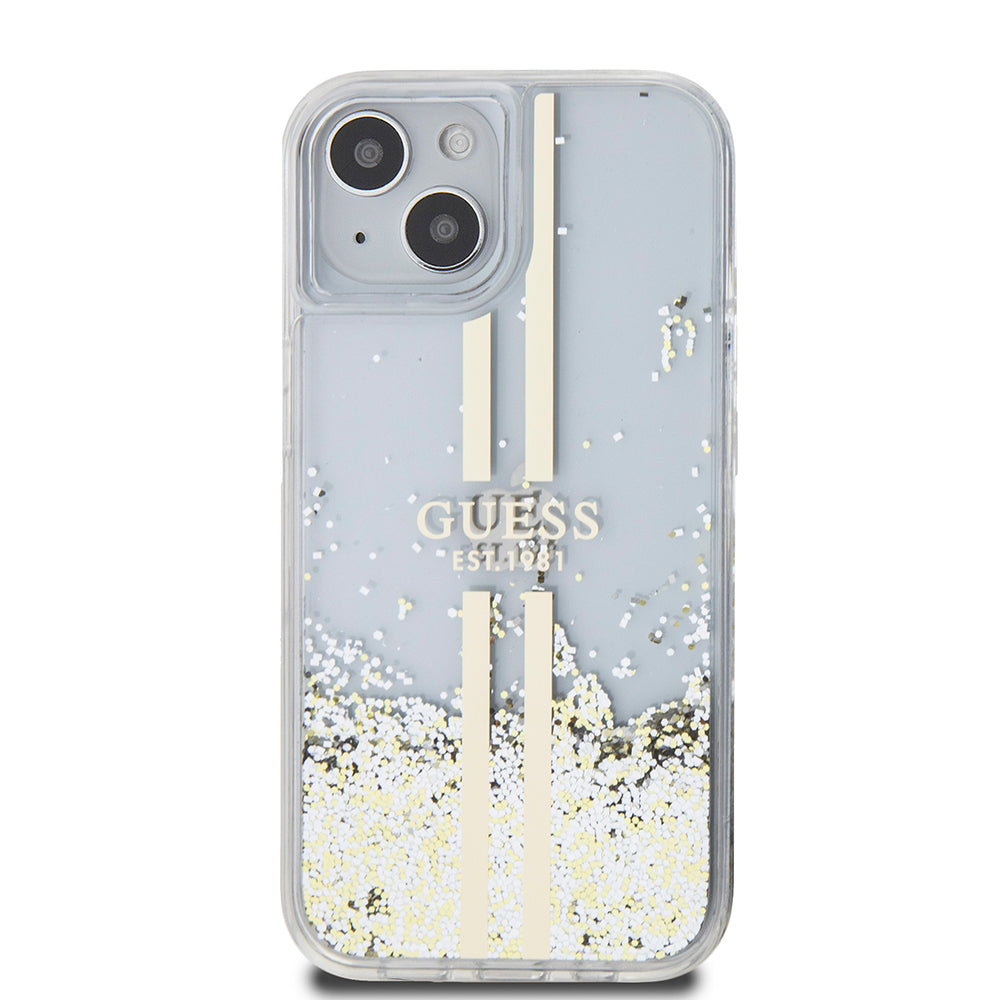 Hülle für Apple iPhone 15, Guess, Liquid Glitter Gold Stripes, Transparent