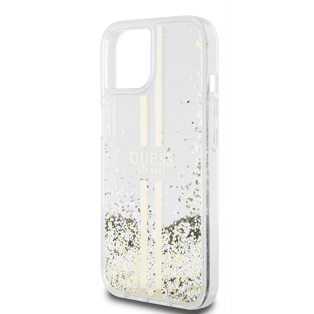 Hülle für Apple iPhone 15, Guess, Liquid Glitter Gold Stripes, Transparent