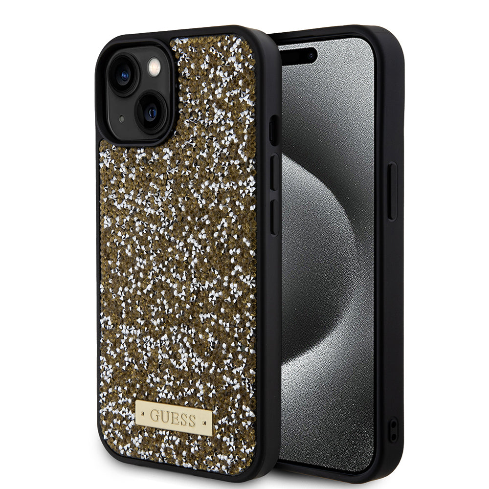Case for Apple iPhone 15, Guess, Rhinestone Metal Logo, Yellow