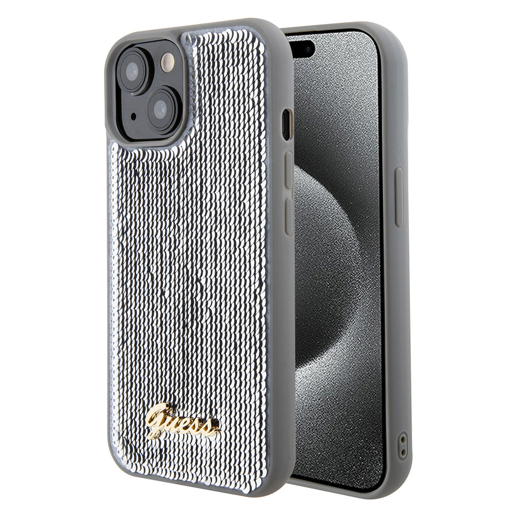Case for Apple iPhone 15, Guess, Sequin Script Metal, Silver