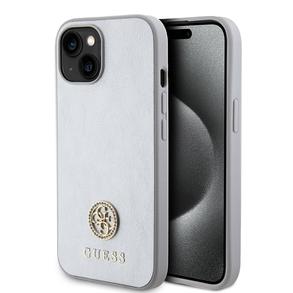 Hülle für Apple iPhone 15, Guess, Strass Metal Logo, Silberfarben