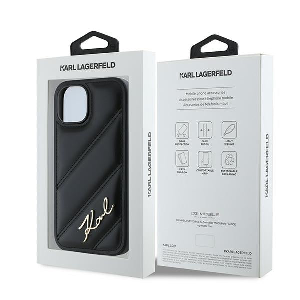 Hülle für Apple iPhone 15, Karl Lagerfeld, Diagonal Quilted Script, Schwarz