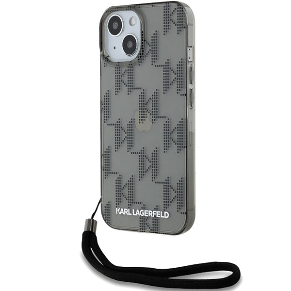 Hülle für Apple iPhone 15, Karl Lagerfeld, IML Luxury Monogram KL Muster mit Trageriemen, Schwarz