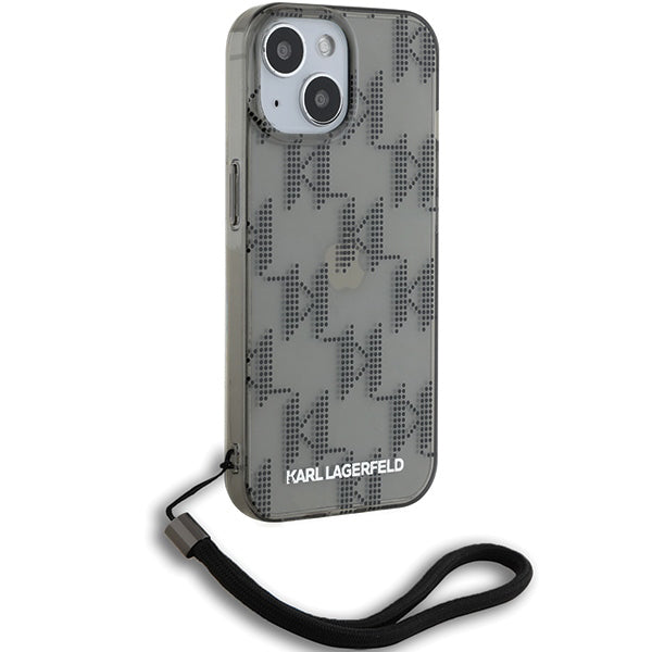 Hülle für Apple iPhone 15, Karl Lagerfeld, IML Luxury Monogram KL Muster mit Trageriemen, Schwarz