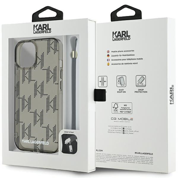 Hülle für Apple iPhone 15, Karl Lagerfeld, IML Luxury Monogram KL Muster mit Trageriemen, Schwarz