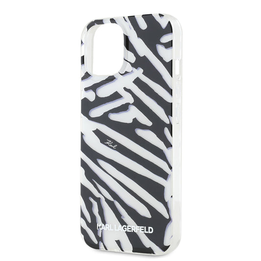 Hülle für Apple iPhone 15, Karl Lagerfeld, IML Luxury Zebra Muster mit Trageriemen, Schwarz