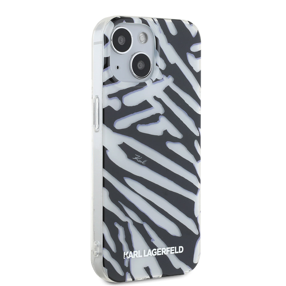 Hülle für Apple iPhone 15, Karl Lagerfeld, IML Luxury Zebra Muster mit Trageriemen, Schwarz