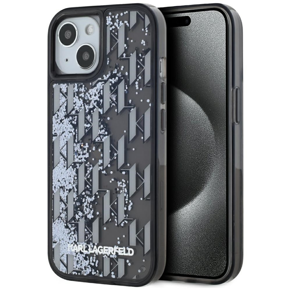 Hülle für Apple iPhone 15, Karl Lagerfeld, Liquid Glitter Monogram, Schwarz
