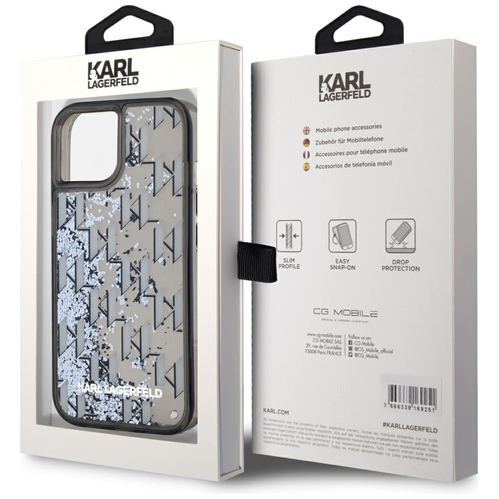 Hülle für Apple iPhone 15, Karl Lagerfeld, Liquid Glitter Monogram, Schwarz