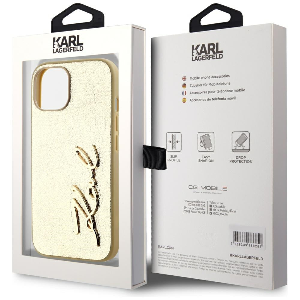 Hülle für Apple iPhone 15, Karl Lagerfeld, Metal Signature, Gold