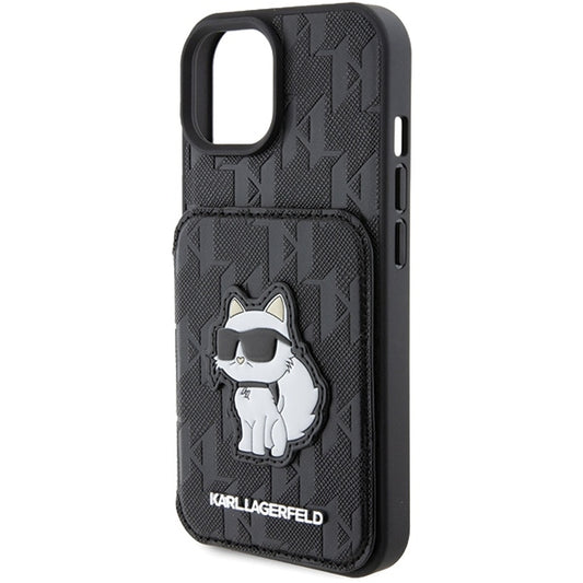 Hülle für Apple iPhone 15, Karl Lagerfeld, Saffiano Kartenfächer und Ständer Monogramm Choupette, Schwarz