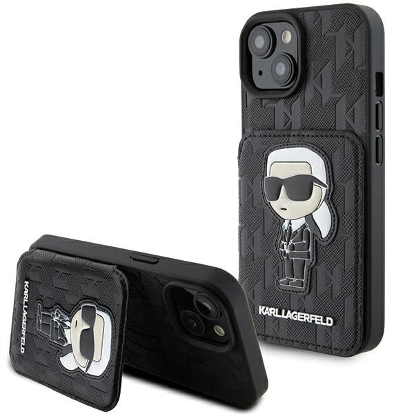 Hülle für Apple iPhone 15, Karl Lagerfeld, Saffiano Kartenfächer und Ständer Monogram Ikonik Karl, Schwarz