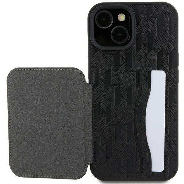 Hülle für Apple iPhone 15, Karl Lagerfeld, Saffiano Kartenfächer und Ständer Monogram Ikonik Karl, Schwarz
