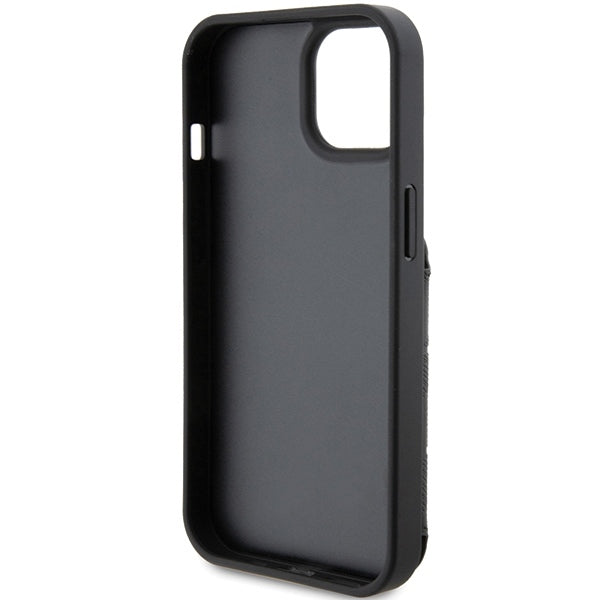 Hülle für Apple iPhone 15, Karl Lagerfeld, Saffiano Kartenfächer und Ständer Monogram Ikonik Karl, Schwarz
