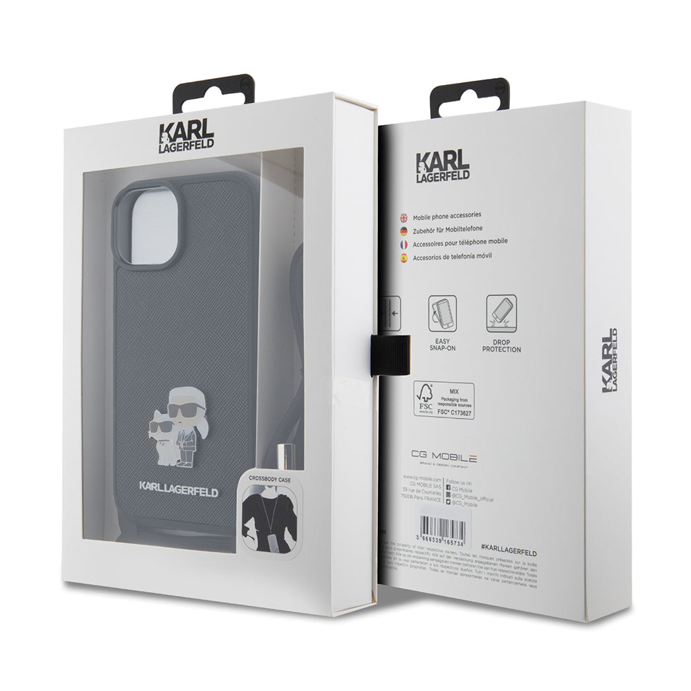 Hülle für Apple iPhone 15, Karl Lagerfeld, Saffiano Crossbody Metal Pin Karl & Choupette, Schwarz