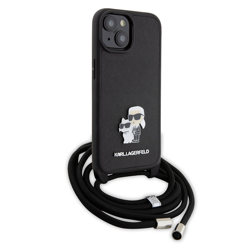 Hülle für Apple iPhone 15, Karl Lagerfeld, Saffiano Crossbody Metal Pin Karl & Choupette, Schwarz