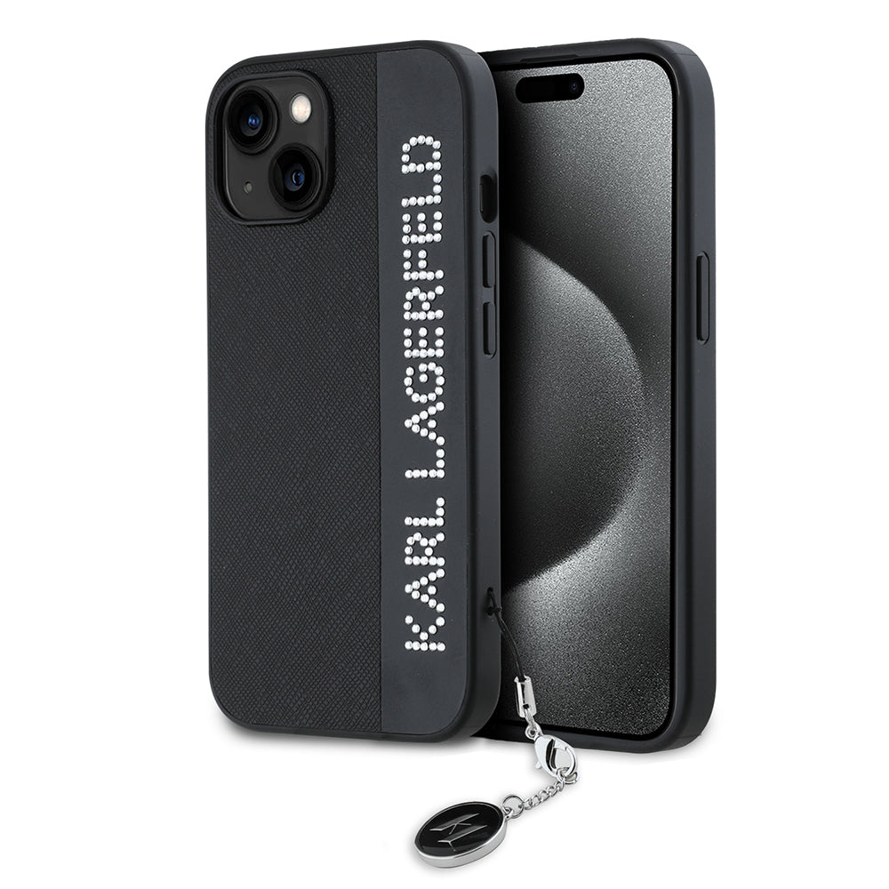 Hülle für Apple iPhone 15, Karl Lagerfeld, Saffiano Rhinestones & Charm, Schwarz