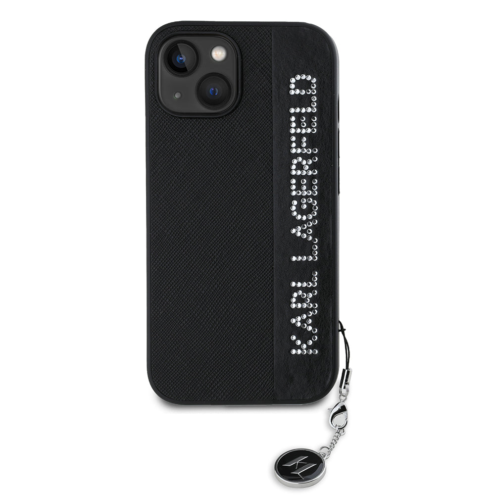 Hülle für Apple iPhone 15, Karl Lagerfeld, Saffiano Rhinestones & Charm, Schwarz