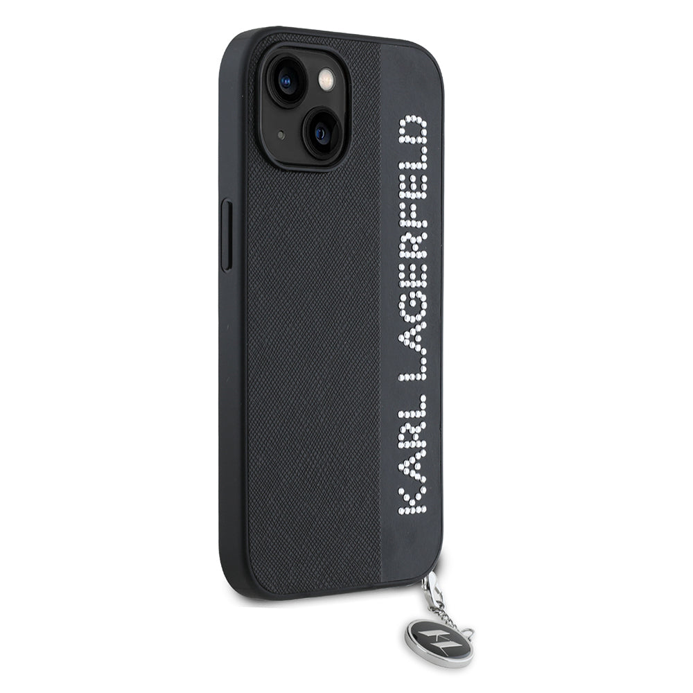 Hülle für Apple iPhone 15, Karl Lagerfeld, Saffiano Rhinestones & Charm, Schwarz