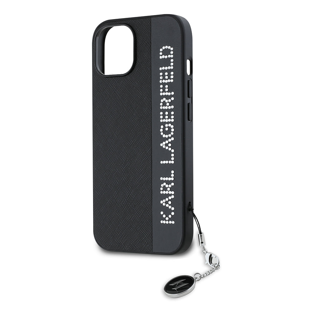 Hülle für Apple iPhone 15, Karl Lagerfeld, Saffiano Rhinestones & Charm, Schwarz