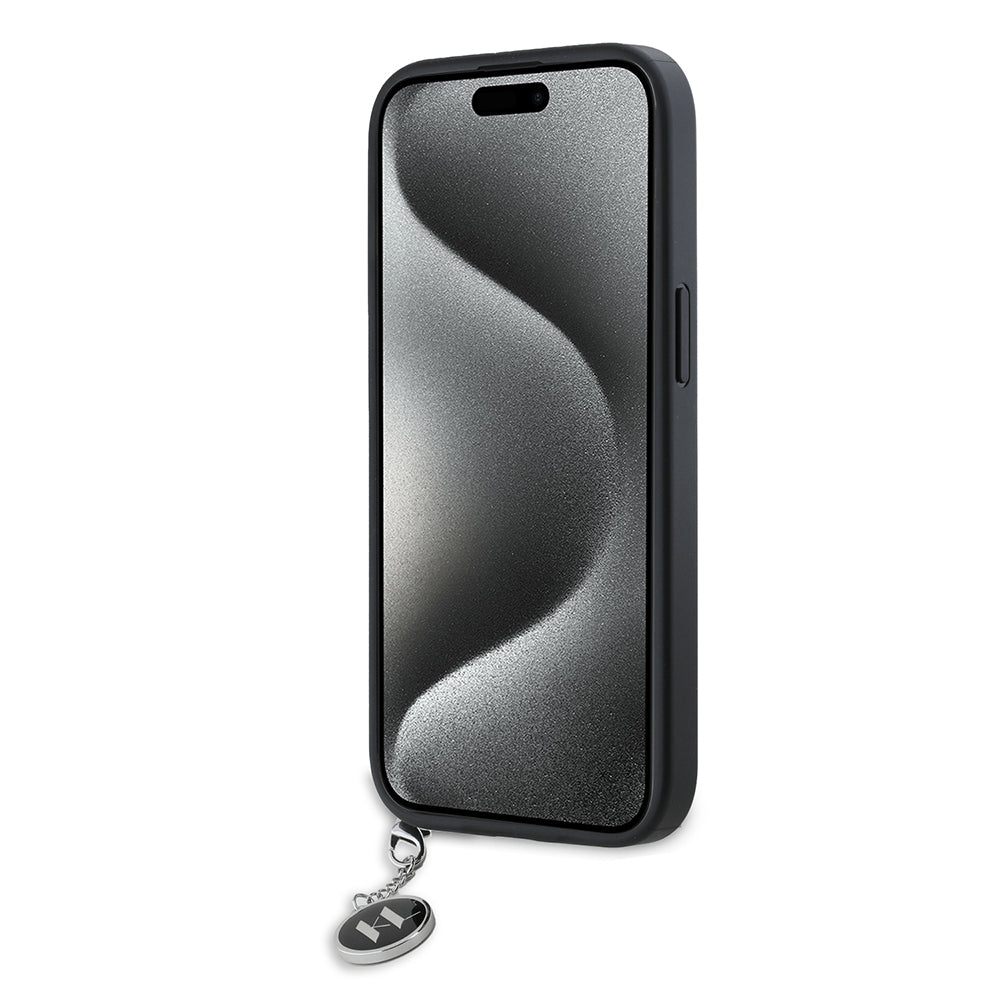 Hülle für Apple iPhone 15, Karl Lagerfeld, Saffiano Rhinestones & Charm, Schwarz