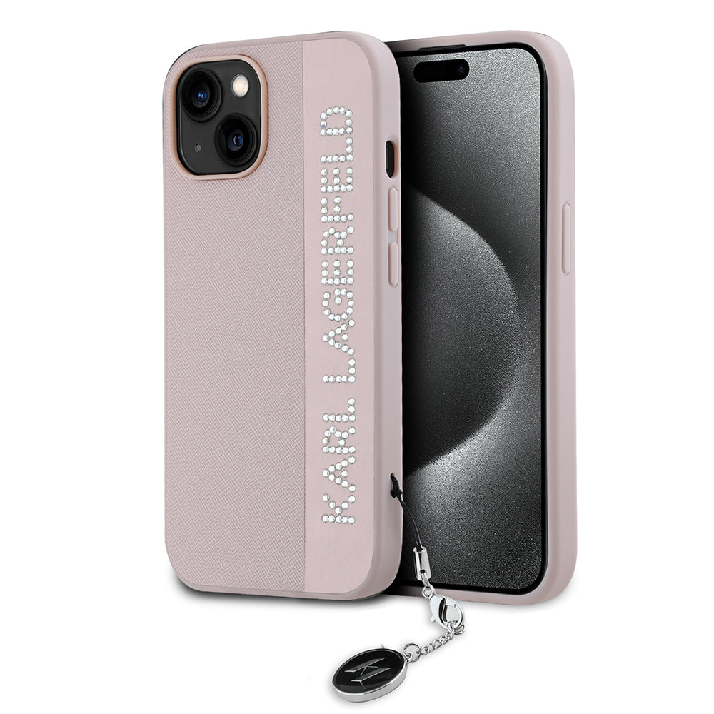 Hülle für Apple iPhone 15, Karl Lagerfeld, Saffiano Rhinestones & Charm, Rosa