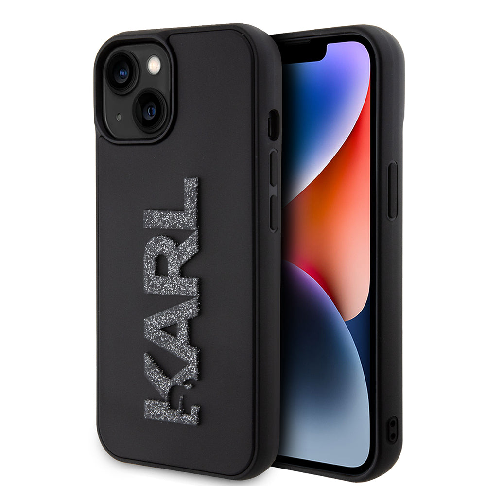 Hülle für Apple iPhone 15 Plus, Karl Lagerfeld, 3D Rubber Glitter Logo, Schwarz