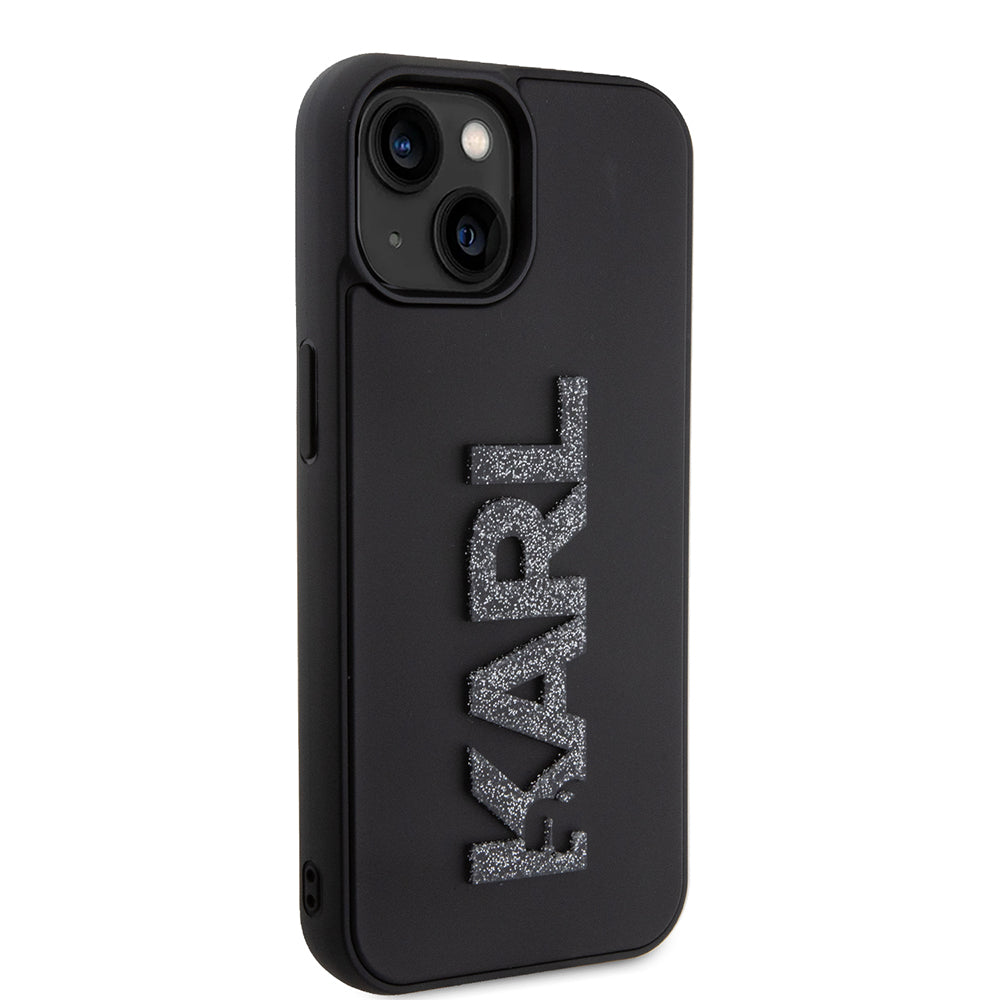 Hülle für Apple iPhone 15 Plus, Karl Lagerfeld, 3D Rubber Glitter Logo, Schwarz