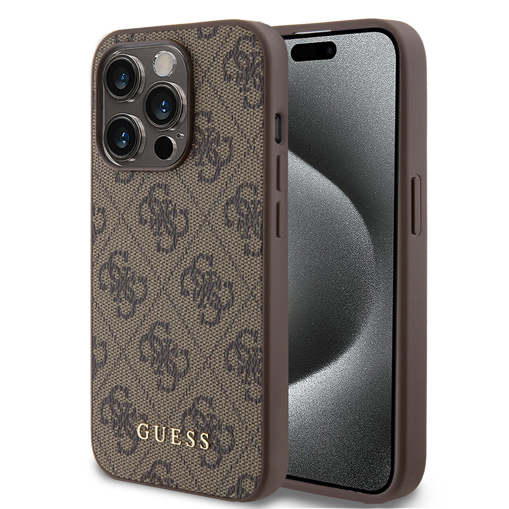 Hülle für Apple iPhone 15 Pro, Guess, 4G Metal Gold Logo, Braun