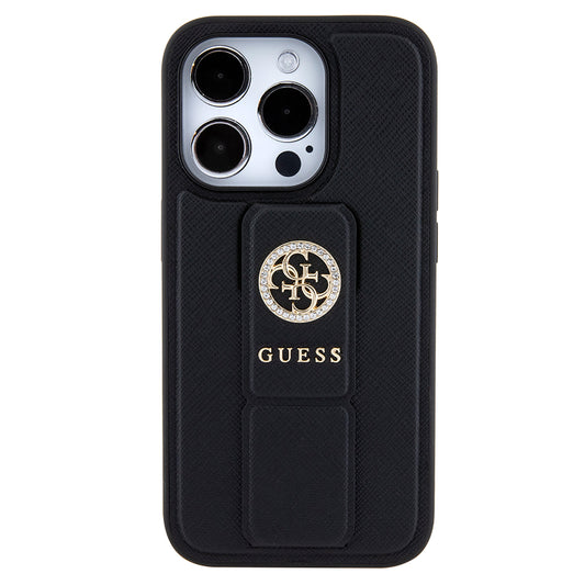 Hülle für Apple iPhone 15 Pro, Guess, Grip Stand 4G Saffiano Strass, Schwarz