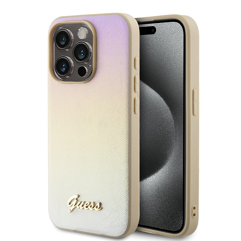 Hülle für Apple iPhone 15 Pro, Guess, Saffiano Iridescent Script, Gold
