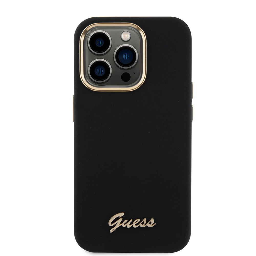 Hülle für Apple iPhone 15 Pro, Guess, Script Metal Logo & Rahmen, Schwarz