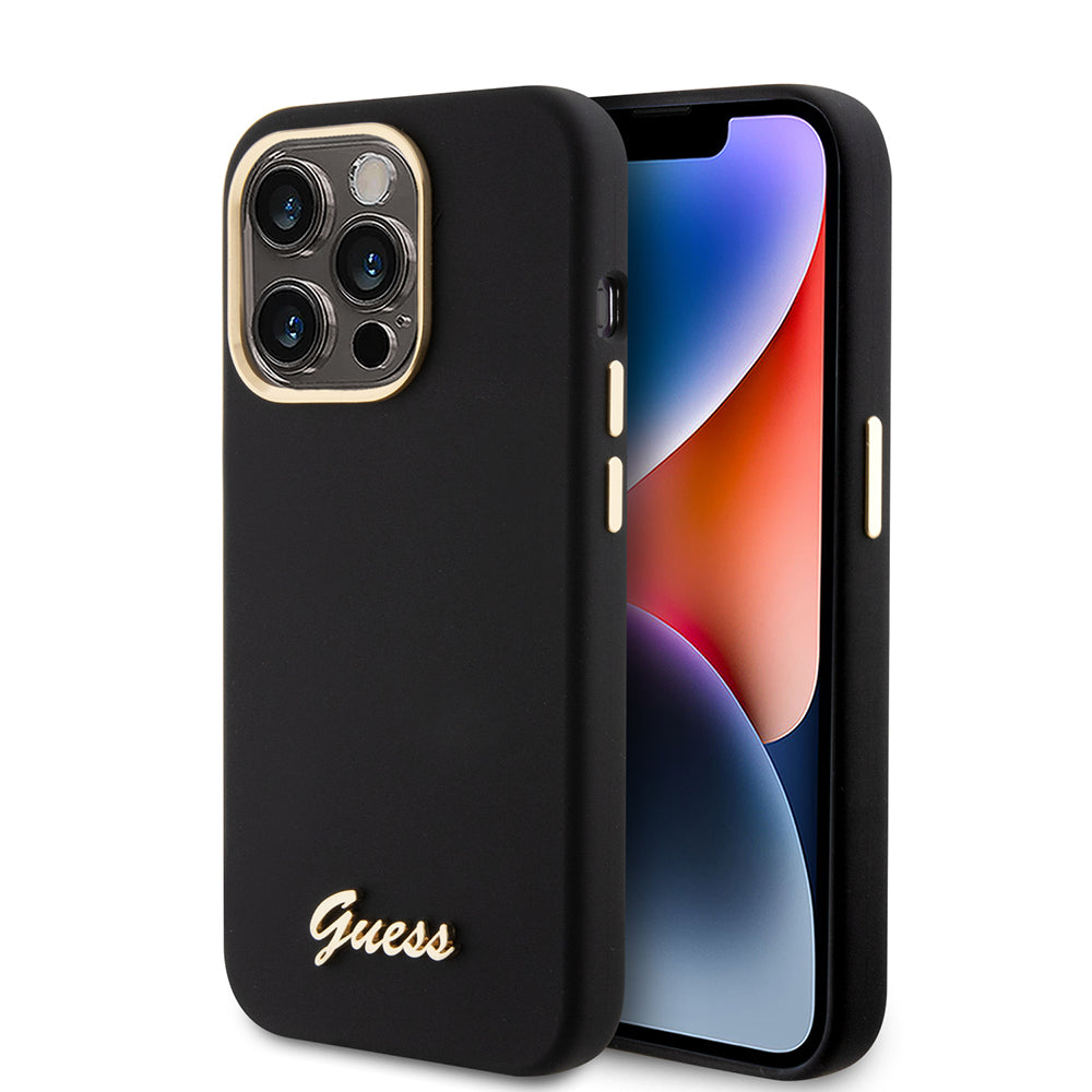 Hülle für Apple iPhone 15 Pro, Guess, Script Metal Logo & Rahmen, Schwarz