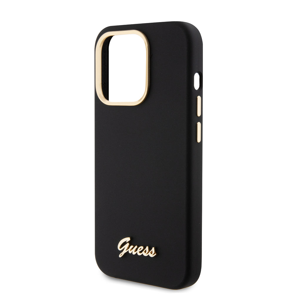 Hülle für Apple iPhone 15 Pro, Guess, Script Metal Logo & Rahmen, Schwarz