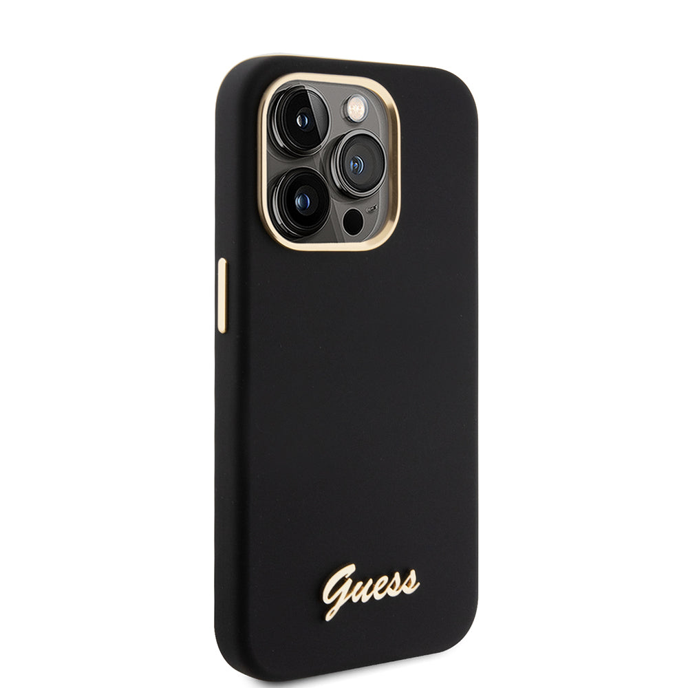 Hülle für Apple iPhone 15 Pro, Guess, Script Metal Logo & Rahmen, Schwarz