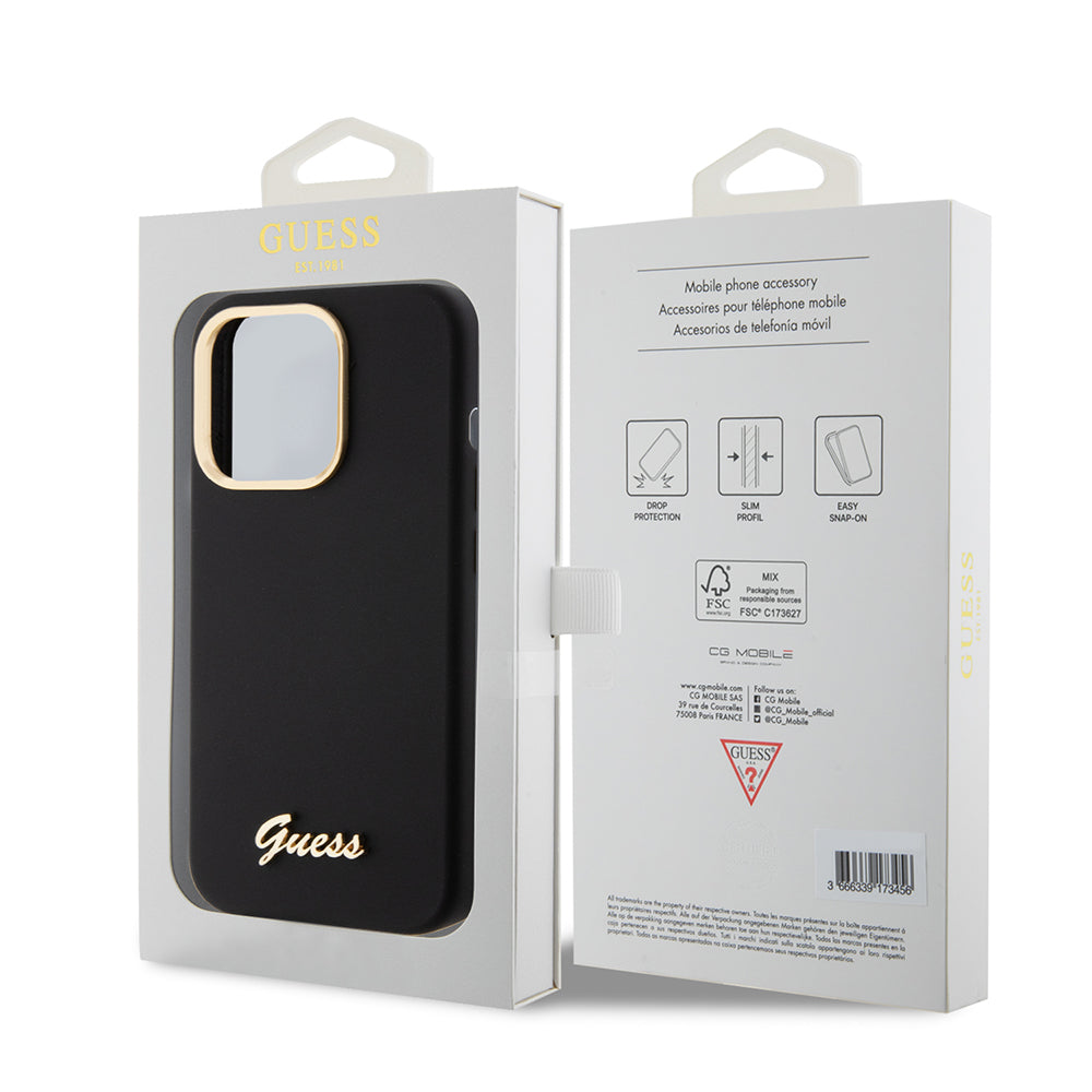 Hülle für Apple iPhone 15 Pro, Guess, Script Metal Logo & Rahmen, Schwarz