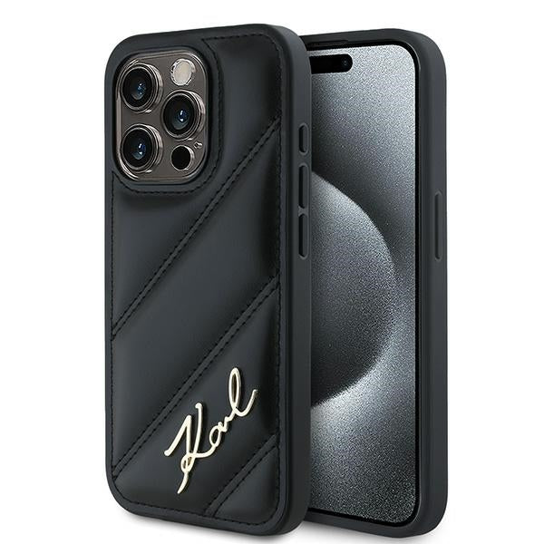 Hülle für Apple iPhone 15 Pro, Karl Lagerfeld, Diagonal Quilted Script, Schwarz