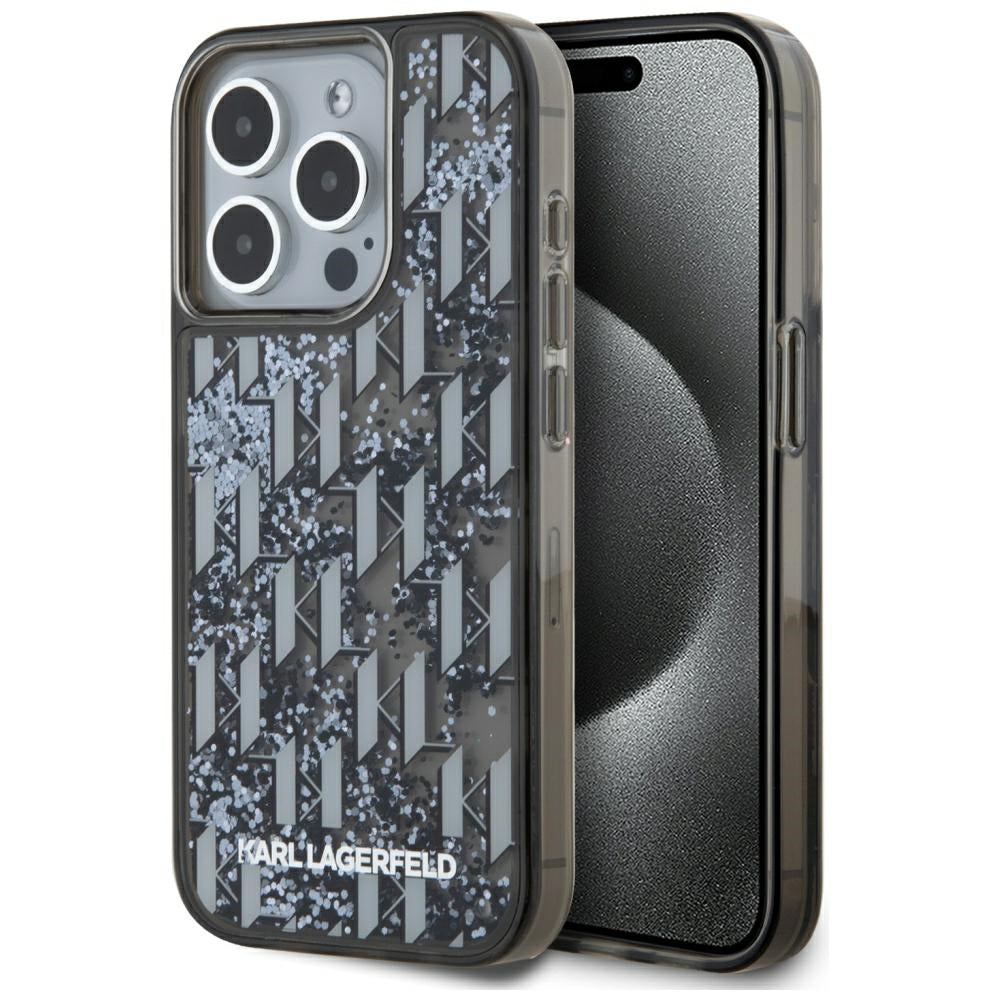 Hülle für Apple iPhone 15 Pro, Karl Lagerfeld, Liquid Glitter Monogram, Schwarz