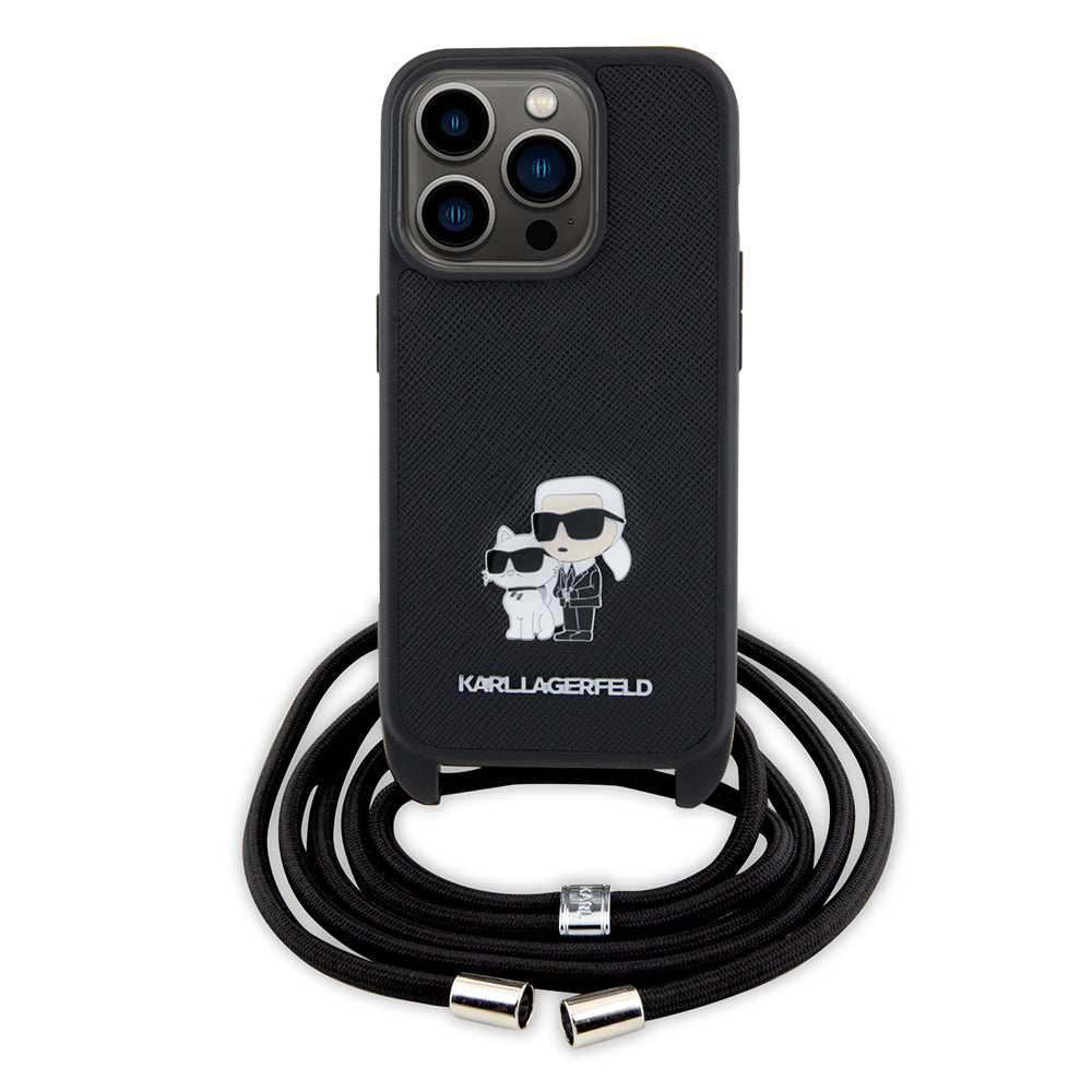 Hülle für Apple iPhone 15 Pro, Karl Lagerfeld, Saffiano Crossbody Metal Pin Karl & Choupette, Schwarz
