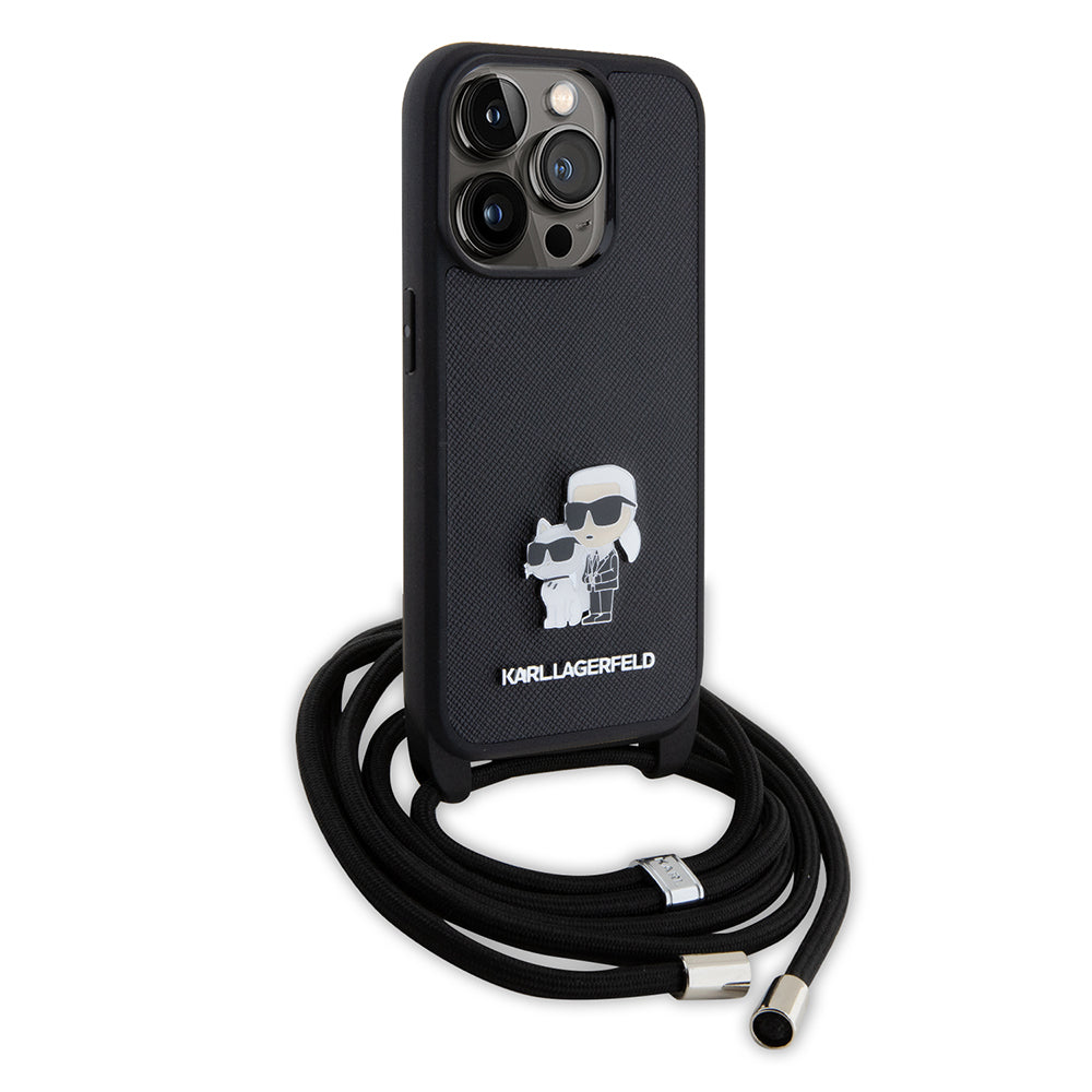 Hülle für Apple iPhone 15 Pro, Karl Lagerfeld, Saffiano Crossbody Metal Pin Karl & Choupette, Schwarz